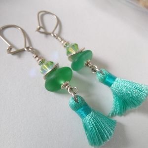 Mint Green Swarovski & Sea Glass Unique Earrings
